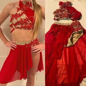 Glamour solo dance costume 2 piece red gold lyrical rhinestone SA-Small adult